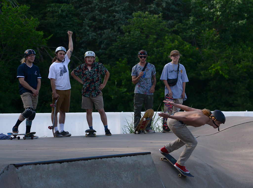 Spectators and fellow skaters cheer on one of their peers during Shred Fest